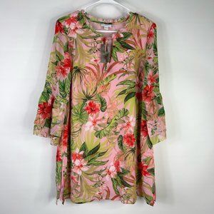 J. Jill Womens Tunic Top Pink Floral 3/4 Sleeve Keyhole Neck Tie Side Slit M $99